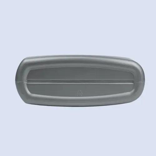 Bottom view of a 4 liter grey HDPE lubricant bottle showing the reinforced base for safe motor oil storage and transport.