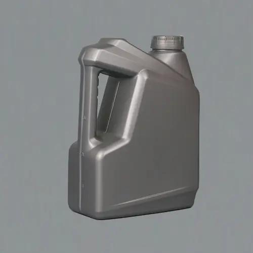 Front angled view of a 4 liter grey HDPE plastic lubricant jerry bottle with ergonomic handle for engine oil, gasoline additives, and automotive oil packaging.