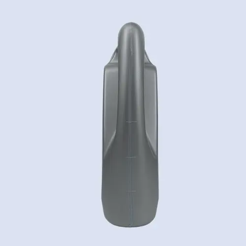 Side profile of a 4 liter grey HDPE plastic engine oil container with integrated handle for lubricant packaging.
