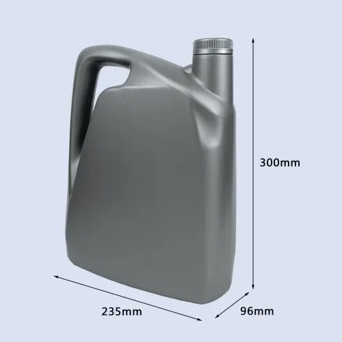 Front angled view of a 4 liter grey HDPE single handle engine oil bottle for automotive lubricants and motor oil packaging.