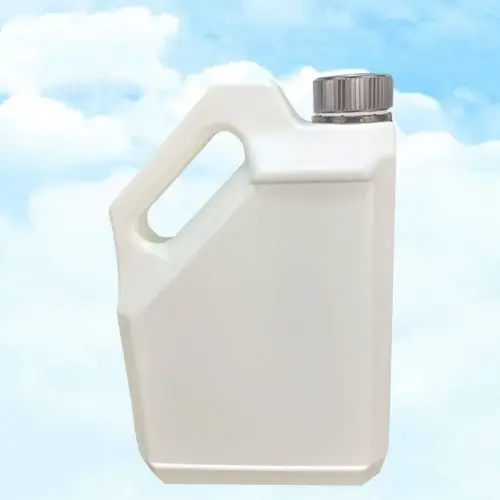 Angled front view of an empty 4 liter HDPE engine oil container with ergonomic handle and wide neck.