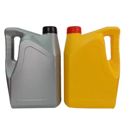 Grey and yellow 4 liter HDPE plastic bottles for engine oil, engine cleaner, and automotive lubricant packaging.