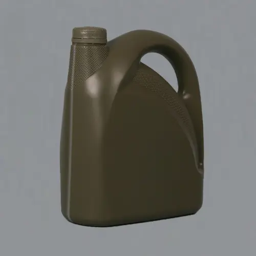 Front view of a 4 liter olive green HDPE engine oil bottle for automotive lubricants, industrial oils, and custom plastic packaging.