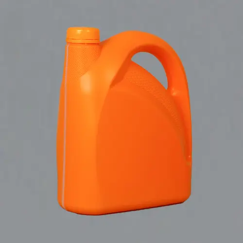 Front angled view of a 4 liter orange HDPE plastic motor oil container with integrated handle for lubricant and automotive oil packaging.