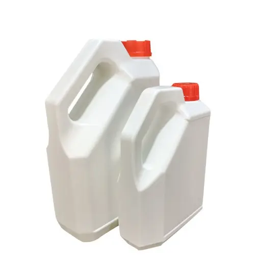Two white HDPE plastic lubricant bottles in different sizes for engine oil and industrial fluid packaging.