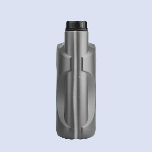 Side profile of a 4 liter HDPE lubricant bottle with molded measuring panel and reinforced cylindrical neck.
