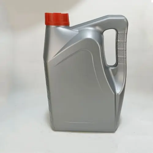 Front view of a silver 4 liter HDPE plastic bottle for engine cleaner, motor oil, and automotive lubricant packaging.