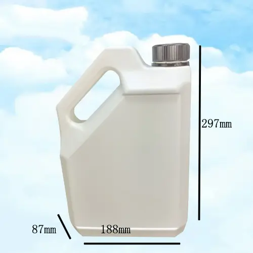 Dimension view of a white 4 liter HDPE plastic bottle designed for engine oil and lubricant filling.