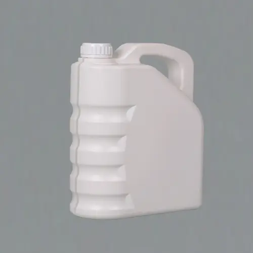 Front view of a 4 liter white HDPE plastic engine oil bottle with ribbed side grip for automotive lubricants, motor oil, and industrial fluid packaging.