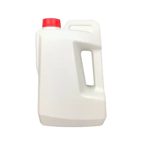 Side view of a 4 liter white HDPE empty engine oil bottle with ergonomic handle for automotive fluid packaging.