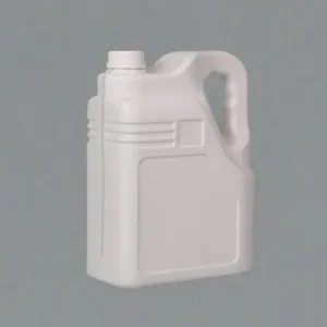 Front view of a 4 liter white HDPE plastic gasoline and engine oil bottle with molded handle for automotive lubricants and industrial fluid packaging.