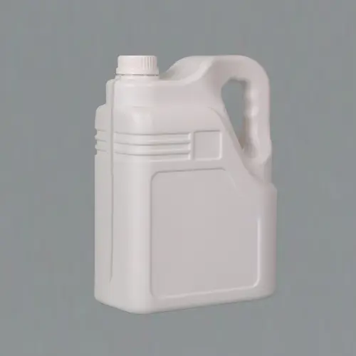 Front view of a 4 liter white HDPE plastic gasoline and engine oil bottle with molded handle for automotive lubricants and industrial fluid packaging.