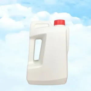 Front view of a 4 liter white HDPE plastic engine oil container with red screw cap for automotive lubricant packaging.