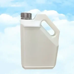 Front view of a white 4 liter HDPE empty engine oil bottle with integrated carry handle and screw cap.