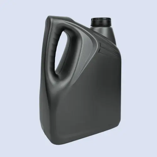 Side perspective of a black 4 liter HDPE motor oil container with integrated handle for easy pouring.