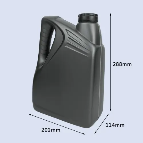 Angled front view of a black 4 liter HDPE plastic fuel and engine oil container with ergonomic carry handle.