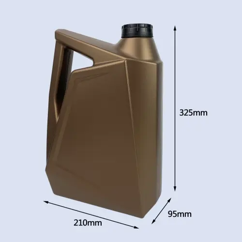Brown 4 liter HDPE engine oil bottle with product dimensions and ergonomic handle.