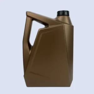 Angled front view of a brown 4 liter HDPE engine oil container for motorcycle lubricant packaging.