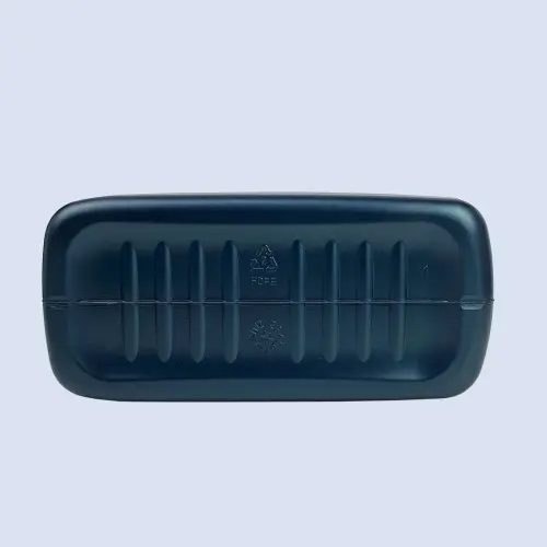 Bottom view of a dark blue 4 liter HDPE engine oil container with reinforced base.