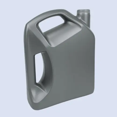 Angled front view of a grey 4 liter HDPE lubricant bottle with ergonomic double handle.