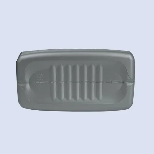 Bottom view of a grey 4 liter HDPE motor oil container with durable reinforced base.