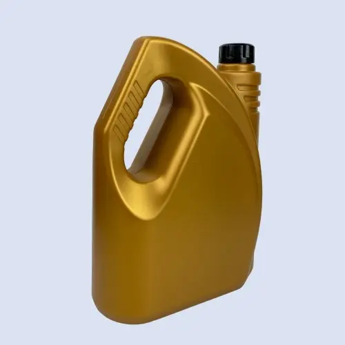 Angled rear view of a gold 4 liter HDPE automotive oil bottle with ergonomic carry handle.