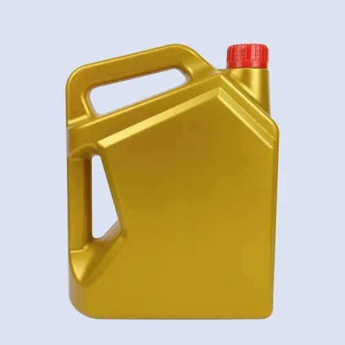 Side view of a gold 4 liter HDPE automotive oil container with double handle and screw cap.