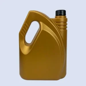 Front view of a gold 4 liter HDPE engine oil container for motor oil and lubricant packaging.