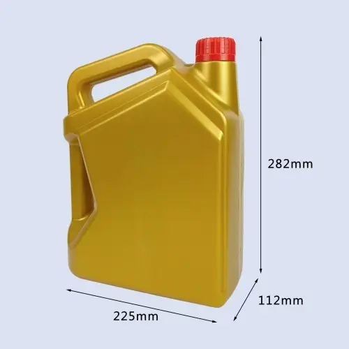 Gold 4 liter HDPE engine oil bottle with double handle for automotive lubricant packaging.