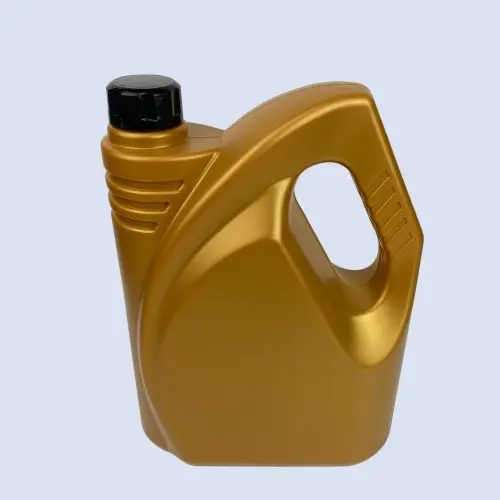 Gold 4 liter HDPE engine oil jerry bottle with ergonomic handle for automotive lubricant packaging.