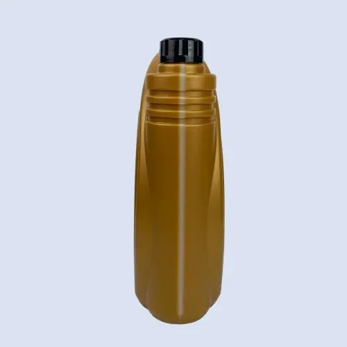Side view of a gold 4 liter HDPE lubricant bottle with secure screw cap.