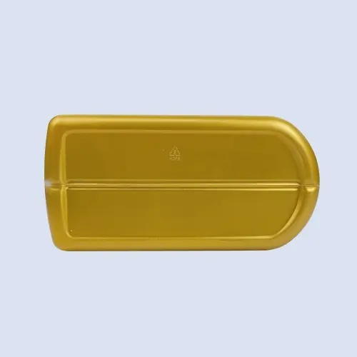 Bottom view of a gold 4 liter HDPE oil bottle with durable molded base.