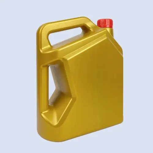 Angled view of a gold 4 liter HDPE lubricant bottle with ergonomic double handle.