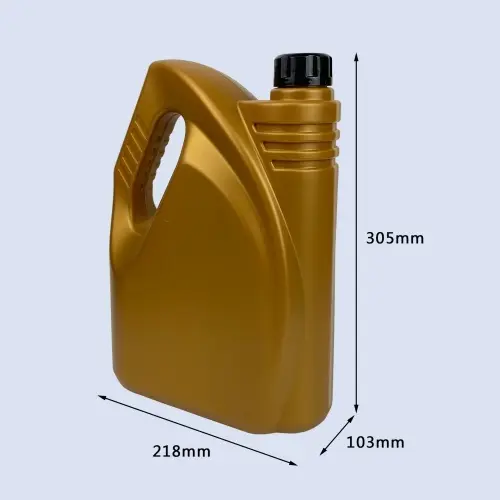 Gold 4 liter HDPE motor oil bottle with ergonomic handle and product dimensions.