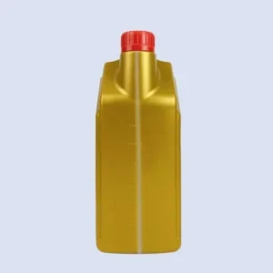 gold 4 liter motor oil bottle front view Front view of a gold 4 liter HDPE motor oil bottle with integrated double handle.