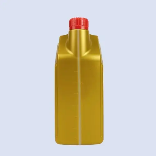 Front view of a gold 4 liter HDPE motor oil bottle with integrated double handle.