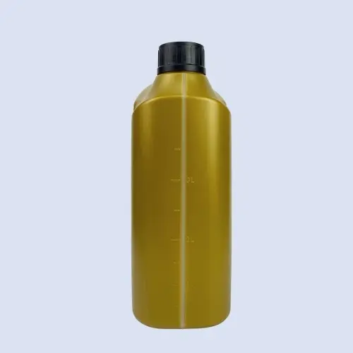 Front profile of a gold 4 liter HDPE engine oil bottle with volume measuring marks.