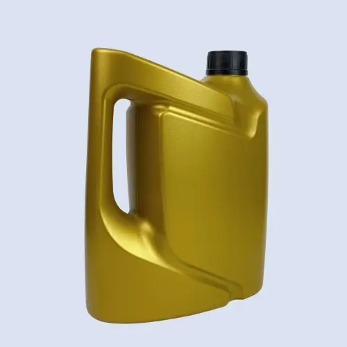 Angled side view of a gold 4 liter HDPE engine oil bottle with integrated carry handle.
