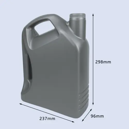 Grey 4 liter HDPE double handle engine oil bottle with product dimensions.