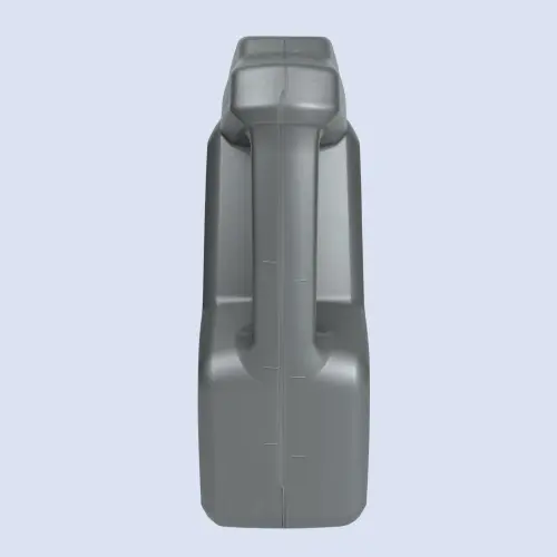 Side profile of a grey 4 liter HDPE lubricant bottle with threaded neck and measuring marks.