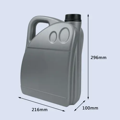 Gray 4 liter HDPE engine oil bottle with ergonomic handle for automotive lubricant packaging.