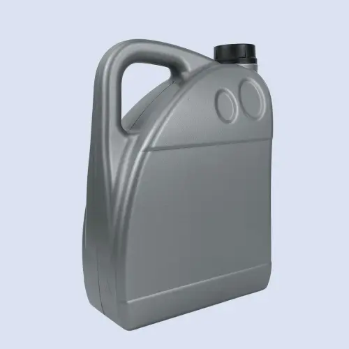 Angled view of a gray 4 liter HDPE lubricant bottle with comfortable carry handle.