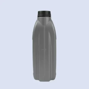 gray 4 liter motor oil bottle side view Side view of a gray 4 liter HDPE motor oil bottle with ergonomic handle and screw cap.