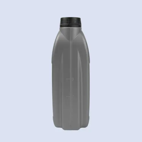 Side view of a gray 4 liter HDPE motor oil bottle with ergonomic handle and screw cap.