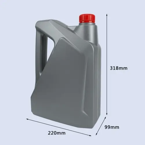 Grey 4 liter HDPE gasoline can style engine oil bottle with ergonomic carry handle.