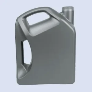 Front view of a grey 4 liter HDPE motor oil bottle with double handle for lubricant packaging.