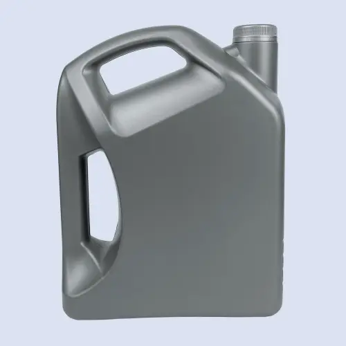 Front view of a grey 4 liter HDPE motor oil bottle with double handle for lubricant packaging.