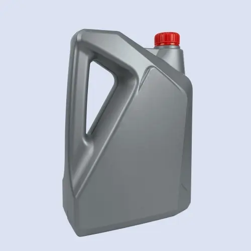 Angled view of a grey 4 liter HDPE motor oil bottle with ergonomic grip handle.