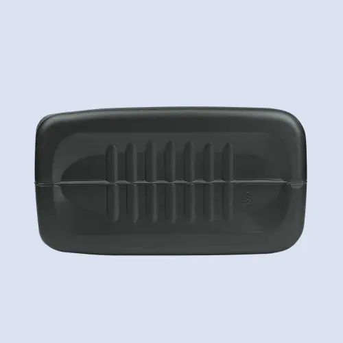 Bottom view of a black 4 liter HDPE plastic engine oil container showing reinforced molded base.