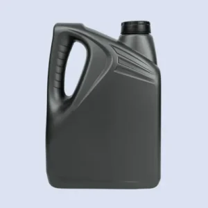 Front view of a black 4 liter HDPE plastic container for automotive engine oil and fuel packaging.